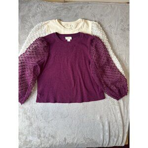 Maeve Anthropologie Set of Two Plum and Ivory Puff Sleeve Tops Large Petite